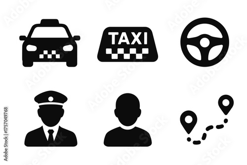 Taxi and driver icons: car, sign, steering wheel, locations