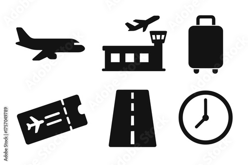 Airport travel icons: airplane, terminal, luggage, ticket, runway, clock symbol