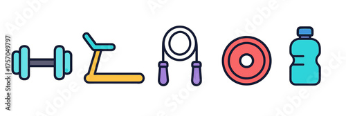Colorful fitness equipment icons: dumbbell, exercise bike, jump rope, weight, water bottle