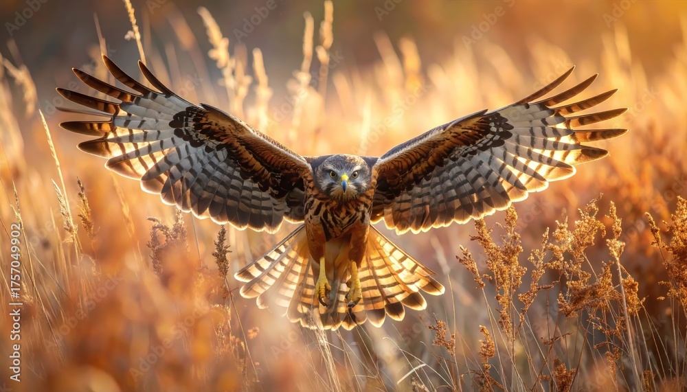 Obraz premium Magnificent Harrier Hawk Ascending Amidst Golden Grasses in Evocative Scene
