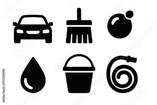 Car wash icons: car, brush, bubbles, water drop, bucket, hose