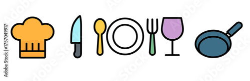 Colorful kitchen utensil icons featuring chef hat knife fork spoon cup and pan