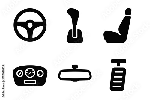 Car symbols set: steering wheel, gear shift, seat, speedometer, mirror, pedals