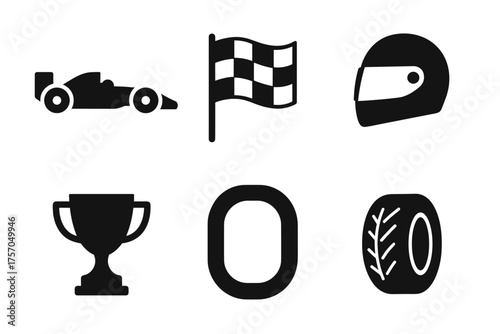 Racing elements: car, flag, helmet, trophy, track, tire icon set