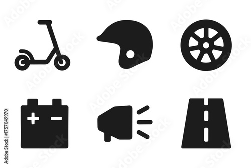 Black silhouette icons of scooter helmet wheel battery speaker road