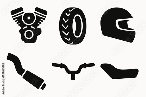 Motorcycle parts icons: engine, tire, helmet, exhaust, handlebars, seat