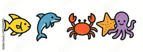 Cartoon sea animals: fish, dolphin, crab, starfish, octopus illustrations