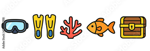 Diving icons set: goggles, flippers, coral, fish, treasure chest