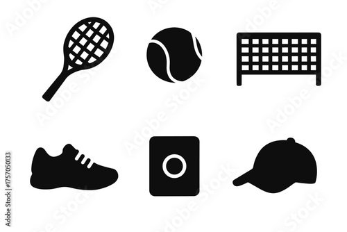 Tennis equipment icons: racquet, ball, net, shoe, card, cap illustrations