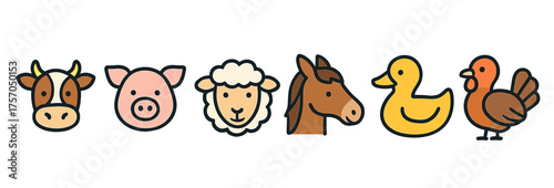 Cute farm animal icons: cow, pig, sheep, horse, duck, turkey illustrations