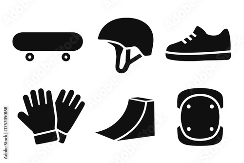 Skateboarding gear silhouettes: skateboard, helmet, shoe, gloves, ramp, knee pad