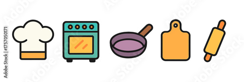 Colorful kitchen icon set with chef hat, oven, pan, cutting board, rolling pin
