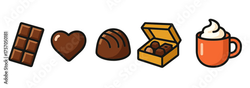 Variety of chocolate icons including bar, heart, bonbon, boxed chocolates, and hot cocoa
