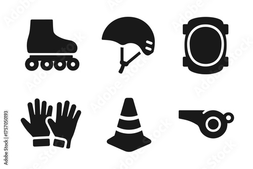 Roller skating gear icons: helmet, pads, gloves, cone, whistle