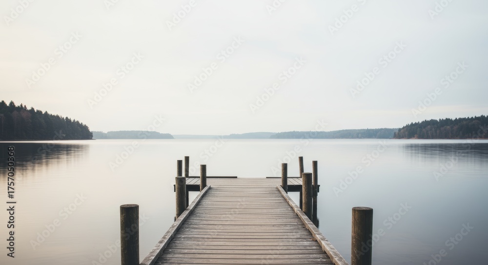 Naklejka premium Tranquil lake scene with wooden pier extending into the calm water surface