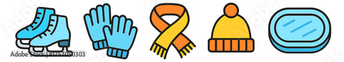 Winter gear icons: skates, gloves, scarf, hat, rink for cold weather activities