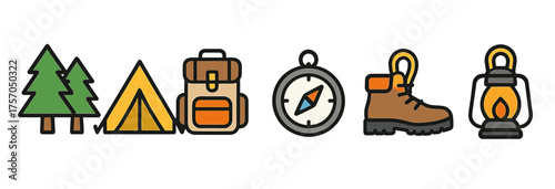 Camping adventure icons: trees, tent, backpack, compass, boot, lantern