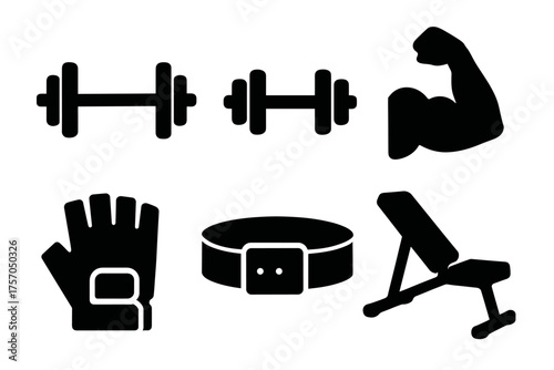 Set of gym equipment icons: dumbbells, flexed bicep, glove, belt, bench