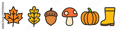 Autumn symbols: leaf, acorn, mushroom, pumpkin, boot illustrations