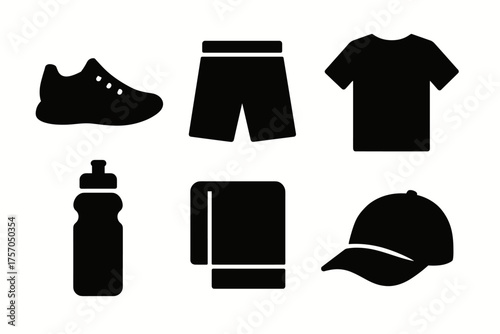 Silhouette icons: shoe, shorts, shirt, water bottle, towel, cap