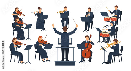 Orchestra performance illustration featuring musicians playing various instruments during a classical music concert