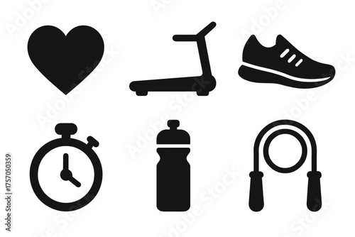 Fitness icons: heart, treadmill, shoe, stopwatch, bottle, jump rope silhouettes