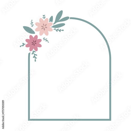 Floral frame with pink flowers and green leaves in the upper left corner of the frame design