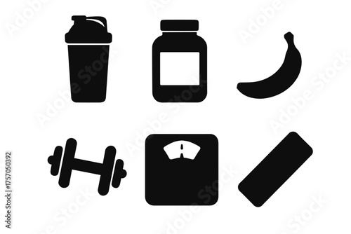 Fitness icons: protein, dumbbell, scale, banana, water bottle, mat