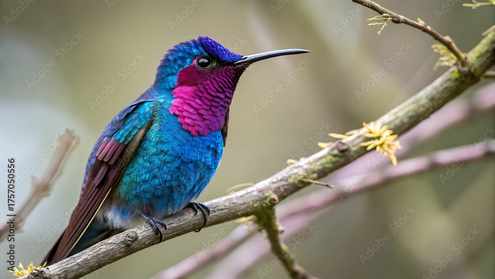 Fototapeta premium A vibrant violetcrowned woodnymph hummingbird perched on a delicate branch, displaying its iridescent plumage and intricate details in a natural setting