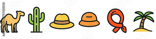 Desert themed icons featuring camel, cactus, safari hats, scarf, and palm tree
