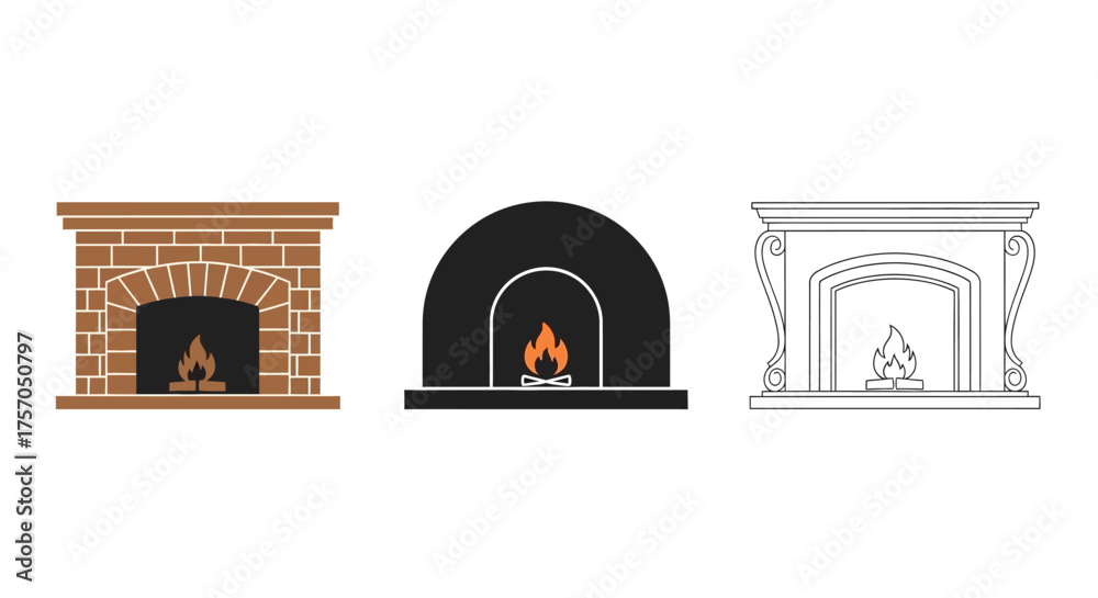 Fototapeta premium Minimalist illustration of three Christmas fireplaces. White background, flat vector design.