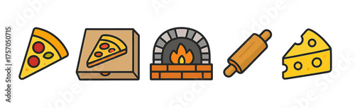 Pizza icons: slice, box, oven, rolling pin, cheese