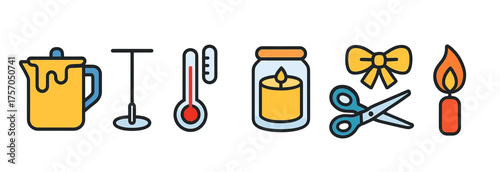 Candle making tools and items: pitcher, thermometer, candle, scissors, bow, flame