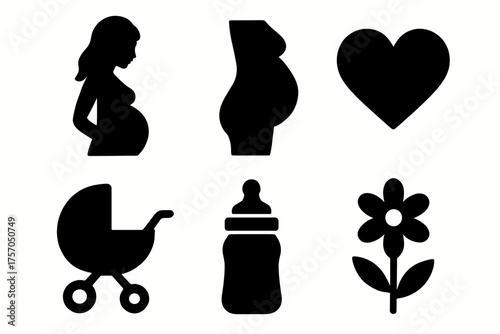 Silhouette icons of pregnancy, heart, stroller, baby bottle, and flower