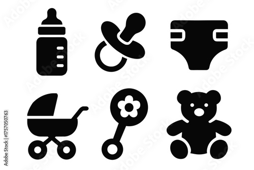 Baby essentials icons: bottle, pacifier, diaper, stroller, rattle, teddy bear