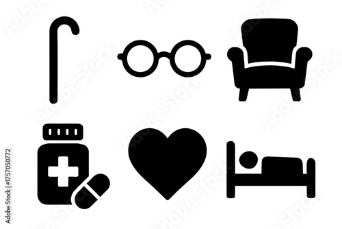 Elderly care symbols: walking cane, glasses, armchair, medication, heart, bed