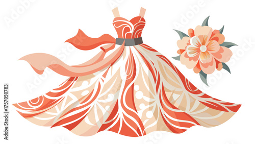 Very beautiful coral and cream dress with large blooming flower patterns, flowing tulle skirt, elegant ribbons, and a playful design, set on white background, ideal for fashion vector illustration.
