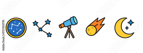 Astronomy icons: constellation, telescope, meteor, crescent moon