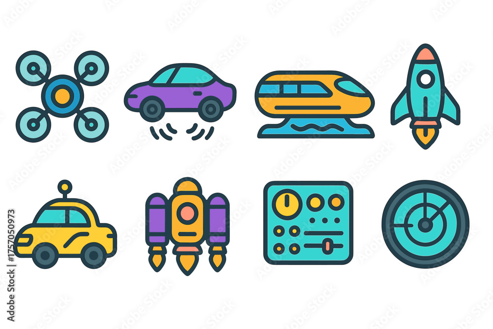Naklejka premium Futuristic technology icons: drone, car, train, rocket, taxi, jetpack, control panel, radar