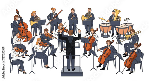 Orchestra playing classical music with a conductor leading the performance in a concert hall illustration
