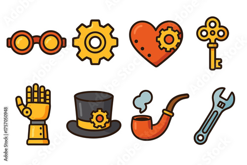 Steampunk icons: goggles, gear, heart, key, robotic hand, top hat, pipe, wrench