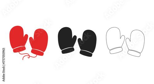 Minimalist illustration of three sets of Christmas mittens. White background, flat vector design.