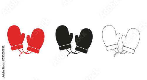 Minimalist illustration of three sets of Christmas mittens. White background, flat vector design.