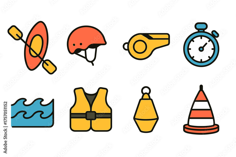 Naklejka premium Colorful icons of kayaking equipment and water safety gear