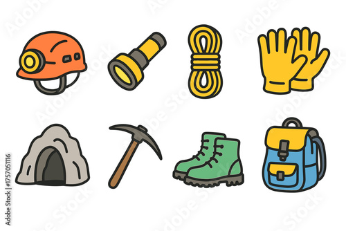 Colorful caving equipment illustration featuring helmet, rope, flashlight, and hiking gear