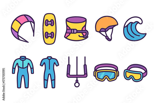 Kitesurfing gear icons: kite, board, helmet, wetsuit, goggles, harness, waves