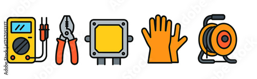Electrical tools and safety gear icons: multimeter, pliers, glove, reel