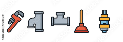 Colorful plumbing tools and pipe icons on white background