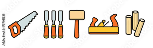 Carpentry tools collection: saw, chisels, mallet, plane, logs for woodworking projects