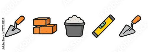 Masonry tools: trowel, bricks, cement, level for construction projects